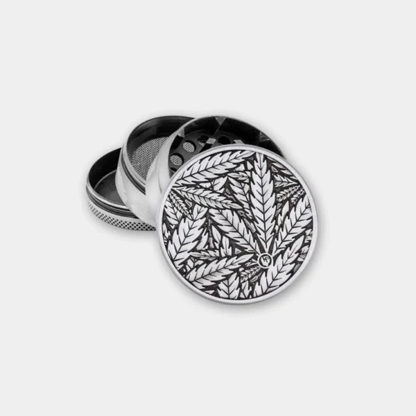metal-grinder-leaves-33 Metalen Grinder Silver Leaves (⌀50 mm – 4-parts)